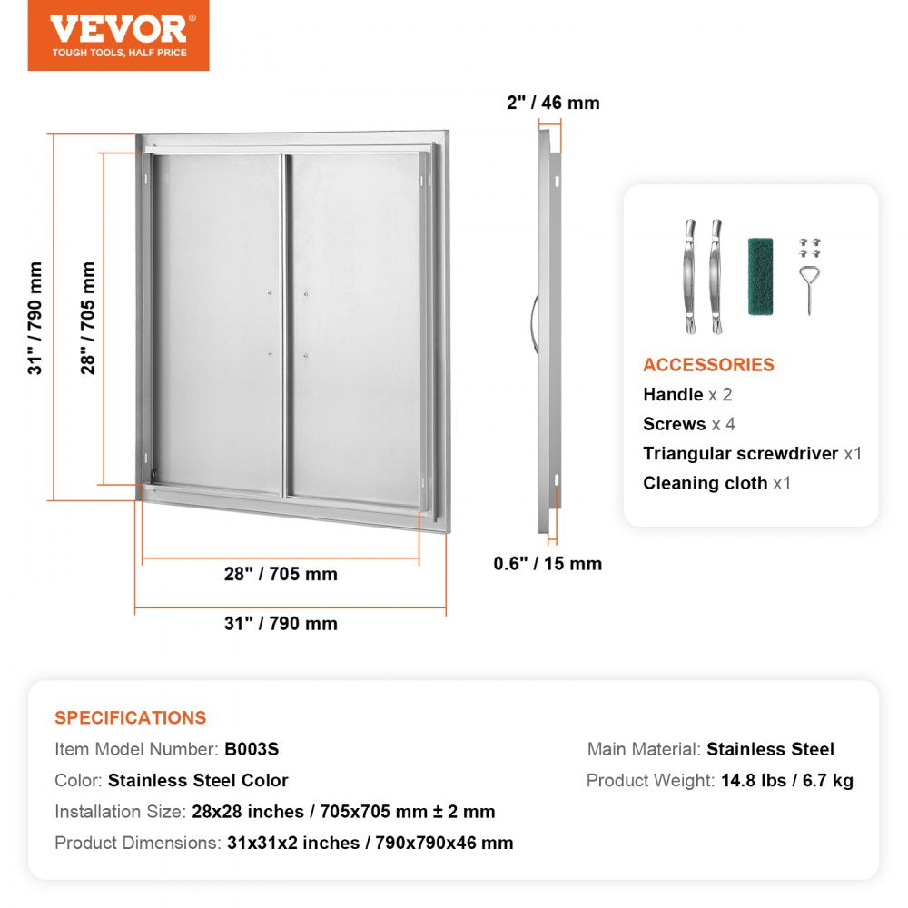 ODDTOOLS BBQ Access Door, 31W x 31H Inch Double Outdoor Kitchen Door, Stainless Steel Flush Mount Door, Wall Vertical Door with Handles, for BBQ Island, Grilling Station, Outside Cabinet