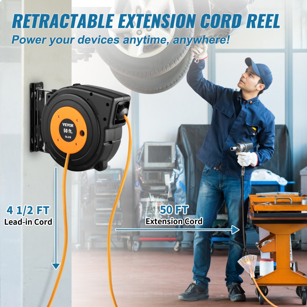ODDTOOLS 50ft Retractable Extension Cord Reel 14AWG/3CSJTOW Power Cord Reel
