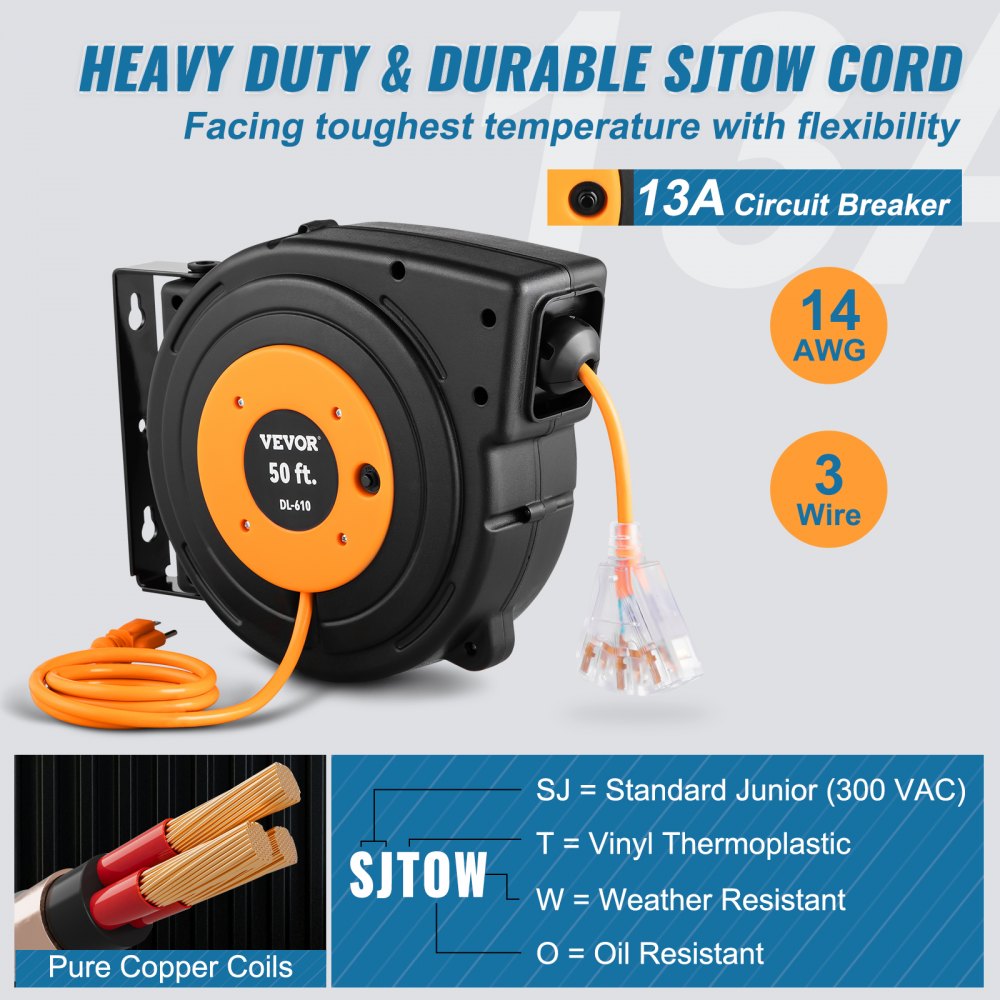 ODDTOOLS 50ft Retractable Extension Cord Reel 14AWG/3CSJTOW Power Cord Reel