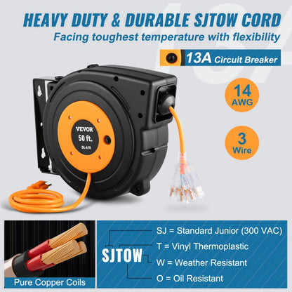 ODDTOOLS 50ft Retractable Extension Cord Reel 14AWG/3CSJTOW Power Cord Reel