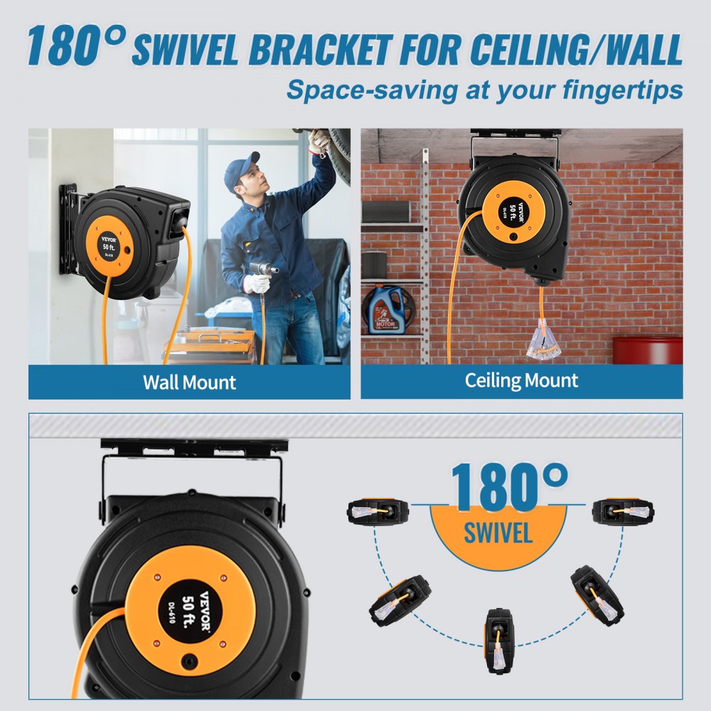ODDTOOLS 50ft Retractable Extension Cord Reel 14AWG/3CSJTOW Power Cord Reel