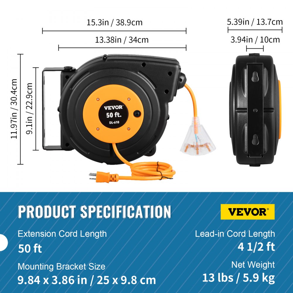 ODDTOOLS 50ft Retractable Extension Cord Reel 14AWG/3CSJTOW Power Cord Reel