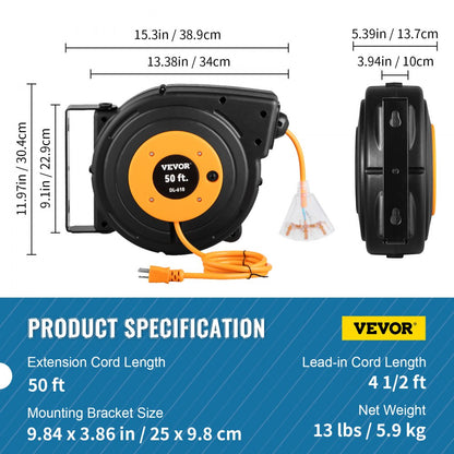 ODDTOOLS 50ft Retractable Extension Cord Reel 14AWG/3CSJTOW Power Cord Reel