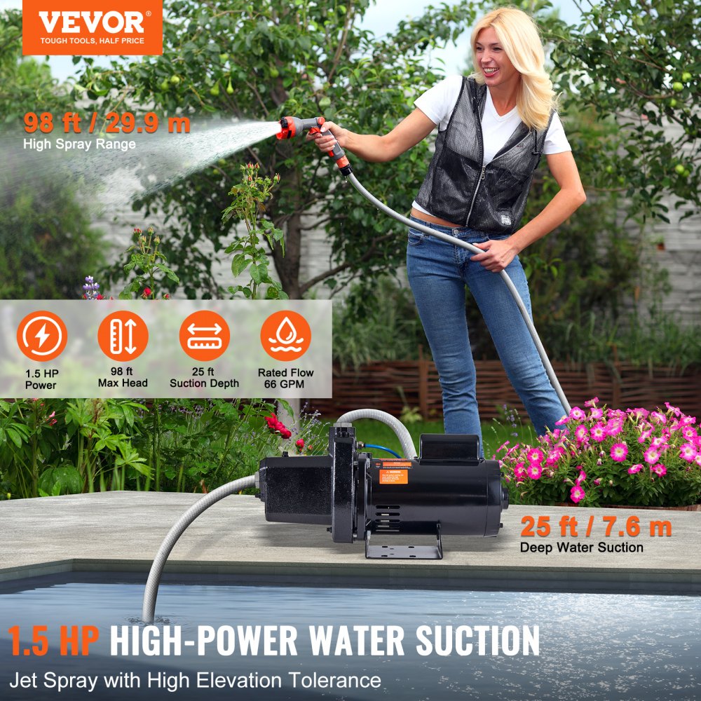 ODDTOOLS 1.5 HP Cast Iron Sprinkler/Irrigation Pump, 115/230 Volt, 66 GPM 3450 RPM Shallow Well Jet Water Pump Booster, 1'' NPT Outlet 1-1/4'' NPT Inlet Lake Lawn Pump for Irrigation Sprinkler System