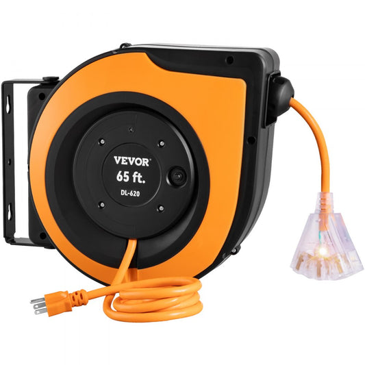 ODDTOOLS Retractable Extension Cord Reel, 65 FT, Heavy Duty 12AWG/3C SJTOW Power Cord, with Lighted Triple Tap Outlet, 15 Amp Circuit Breaker, 180° Swivel Bracket for Ceiling Tested to UL Standards