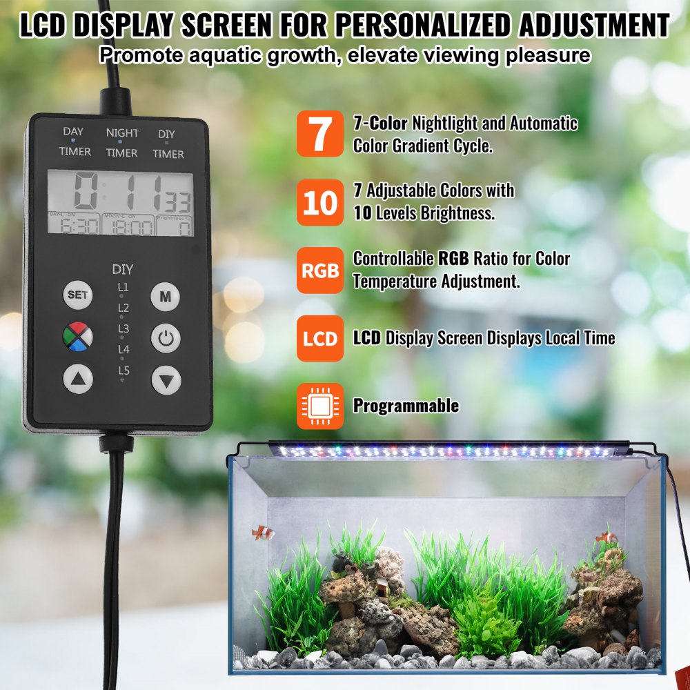 ODDTOOLS Aquarium Light with LCD Monitor, 18W Full Spectrum Fish Tank Light with 24/7 Natural Mode, Adjustable Brightness & Timer - Aluminum Alloy Shell Extendable Brackets for 18