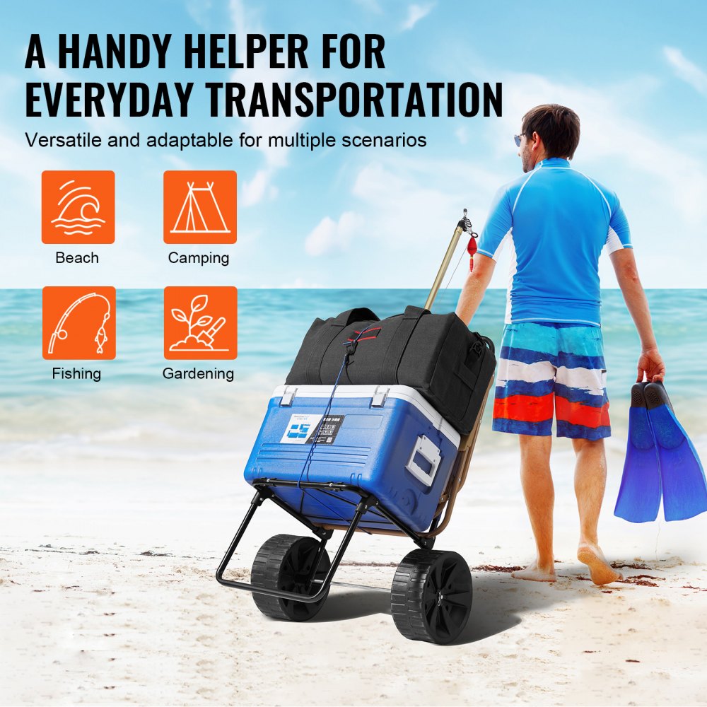 ODDTOOLS Beach Dolly with Big Wheels for Sand, 15.4" x 15.7" Cargo Deck, w/ 10" PE Solid Wheels, 69LBS Loading Capacity Folding Sand Cart, Heavy Duty Cart for Picnic, Camping, Fishing, Beach, Gardening