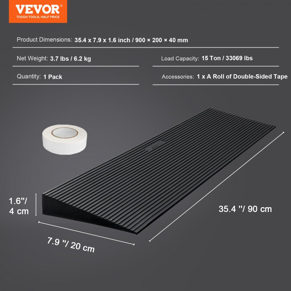 ODDTOOLS 1.6" Rise Cuttable Threshold Ramp for Sweeping Robot, 35.4" Wide Natural Rubber Wheelchair Ramp, Non-Slip Solid Rubber Ramp with Double-Sided Tape for Doorways, Driveways, Bathroom, Smooth Tile