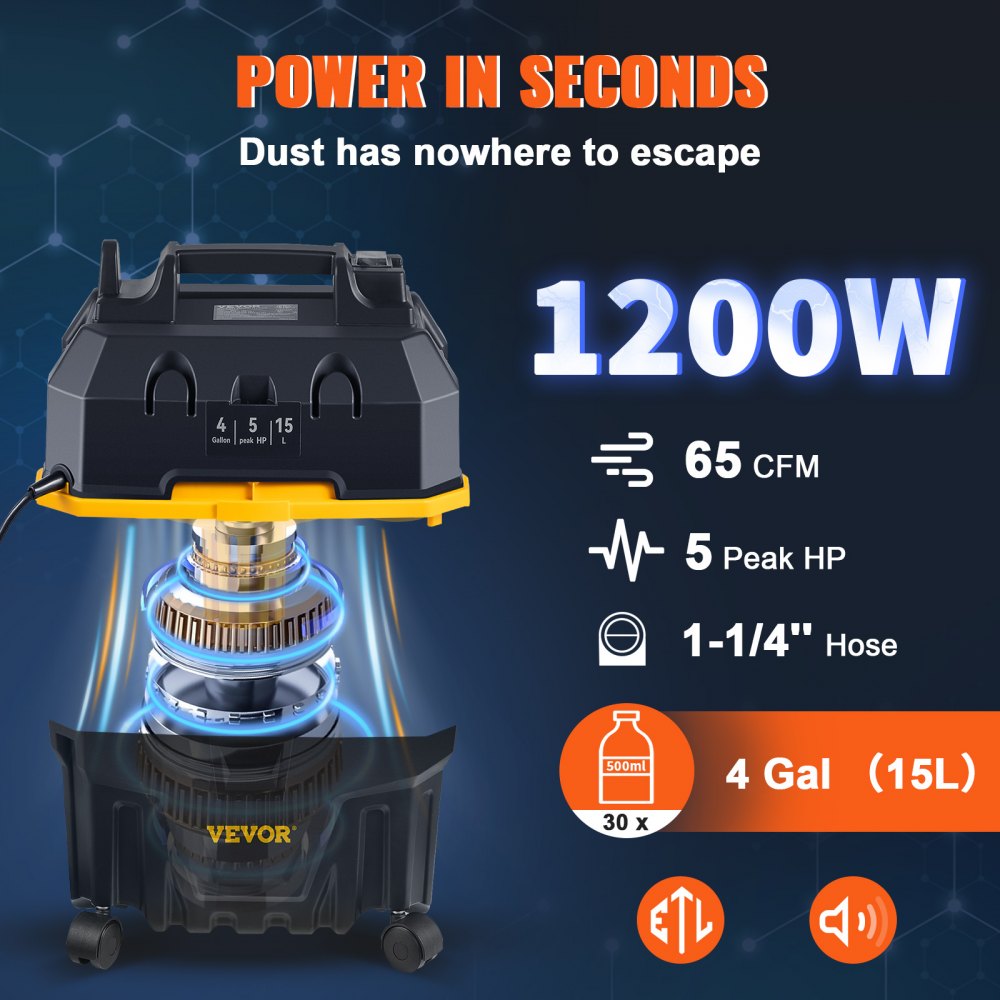 ODDTOOLS Wet Dry Vac, 4 Gallon, 5 Peak HP, 3 in 1 Shop Vacuum with Blowing Function Portable Attachments to Clean Floor, Upholstery, Gap, Car, ETL Listed, Black