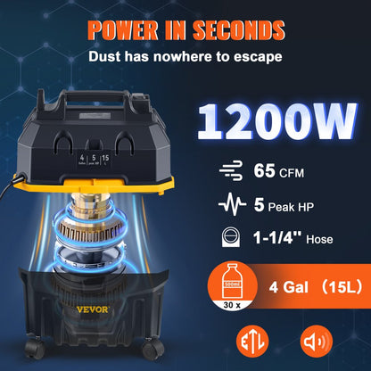 ODDTOOLS Wet Dry Vac, 4 Gallon, 5 Peak HP, 3 in 1 Shop Vacuum with Blowing Function Portable Attachments to Clean Floor, Upholstery, Gap, Car, ETL Listed, Black