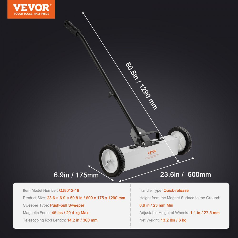 ODDTOOLS 45Lbs Rolling Magnetic Sweeper with Wheels, Push-Type Magnetic Pick Up Sweeper, 18-inch Large Magnet Pickup Lawn Sweeper,  Magnet with Telescoping Handle, Easy Cleanup of Workshop Garage Yard