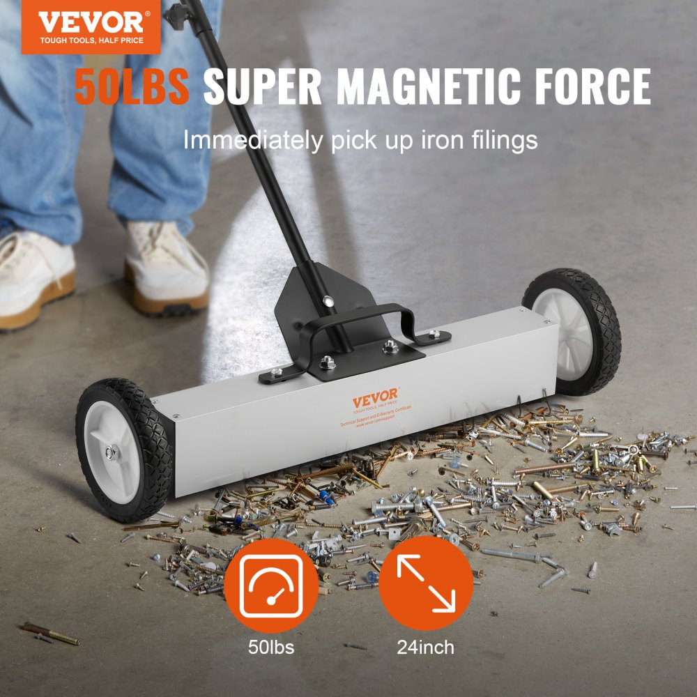 ODDTOOLS 50Lbs Rolling Magnetic Sweeper with Wheels, Push-Type Magnetic Pick Up Sweeper, 24-inch Large Magnet Pickup Lawn Sweeper with Telescoping Handle, Easy Cleanup of Workshop Garage Yard