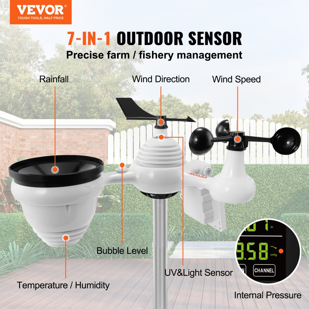 ODDTOOLS 7-in-1 Wi-Fi Weather Station, 7.5 in Color Display, Home Weather Station Indoor Outdoor, with Solar Wireless Outdoor Sensor  Alarm Alerts, for Temperature Humidity Wind Speed/Direction Rain