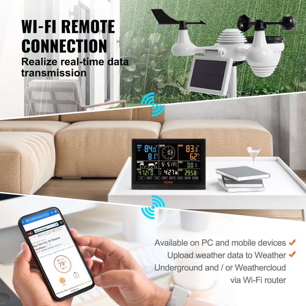 ODDTOOLS 7-in-1 Wi-Fi Weather Station, 7.5 in Color Display, Home Weather Station Indoor Outdoor, with Solar Wireless Outdoor Sensor  Alarm Alerts, for Temperature Humidity Wind Speed/Direction Rain
