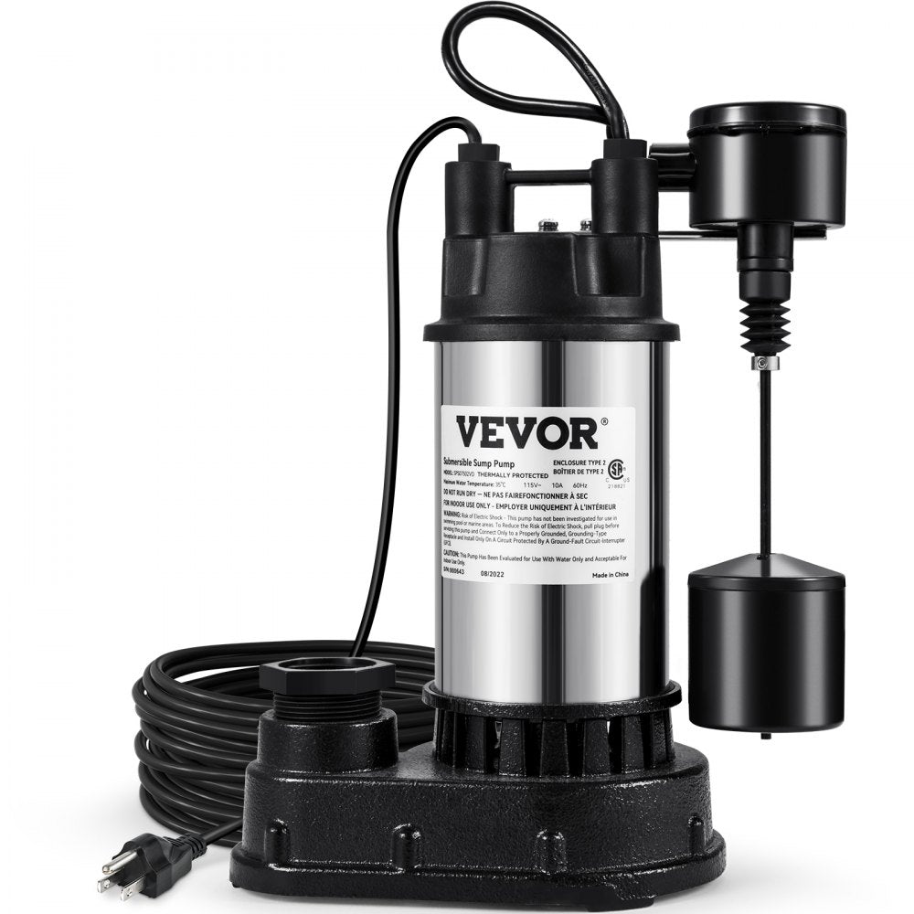 ODDTOOLS 1.5 HP Submersible Cast Iron and Steel Sump Pump, 6000 GPH Submersible Water Pump with Integrated Vertical Float Switch, for Basement Water Basin and Flooding Area