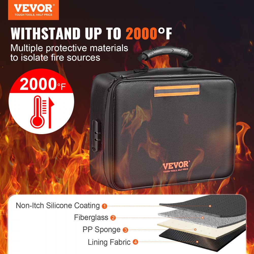 ODDTOOLS Fireproof Document Box, Fireproof Document Bag with Lock 2000℉, 3-layer Fireproof and Waterproof File Box 14.17x10.63x4.13 inch with Zipper, for Money, Documents, Jewelry and Passport