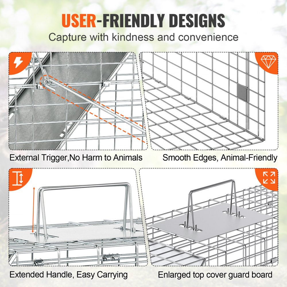 ODDTOOLS Live Animal Cage Trap, 31" x 10" x 12" Humane Cat Trap Galvanized Iron, Folding Animal Trap with Handle for Rabbits, Stray Cats, Squirrels, Raccoons, Groundhogs and Opossums