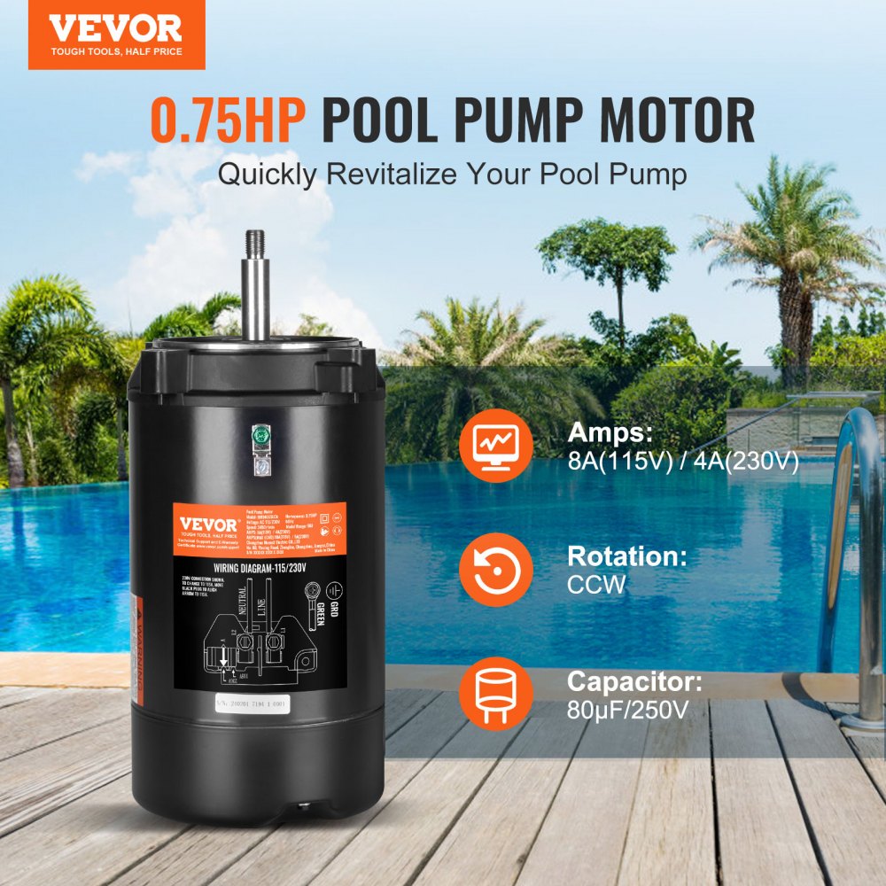 ODDTOOLS 0.75 HP Pool Pump Motor, 56J Frame, 115V(8 Amps)/230V(4 Amps) 3450 RPM, 60Hz, 1.5 Service Factor, 80μF/250V Capacitor, CCW Rotation Round Flange Replacement Motor