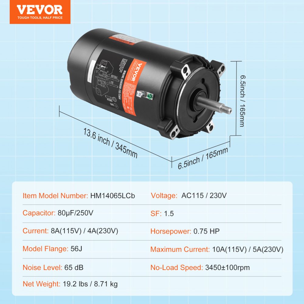ODDTOOLS 0.75 HP Pool Pump Motor, 56J Frame, 115V(8 Amps)/230V(4 Amps) 3450 RPM, 60Hz, 1.5 Service Factor, 80μF/250V Capacitor, CCW Rotation Round Flange Replacement Motor