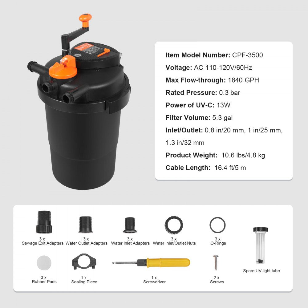 ODDTOOLS Bio Pressure Pond Filter, Up to 2000 Gallons, with 13W UV-C Light, 1840 GPH, Pressurized Biological Pond Filter System Filtration Equipment for Fountain Pool, Koi Fish Aquarium Tank Garden Water