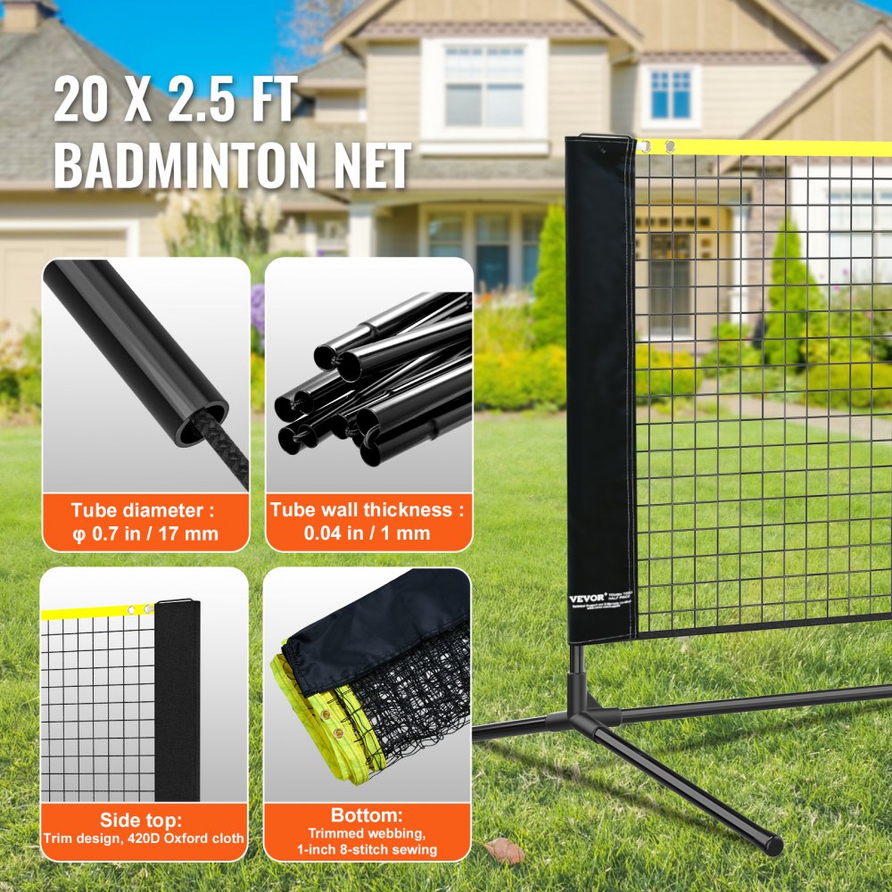 ODDTOOLS Badminton Net, Height Adjustable Volleyball Net, 20ft Wide Foldable Pickleball Net, Portable Tennis Net Set with Poles, Stand, Bag, Rackets, Nylon Shuttlecocks, Kid Backyard Indoor Outdoor Use